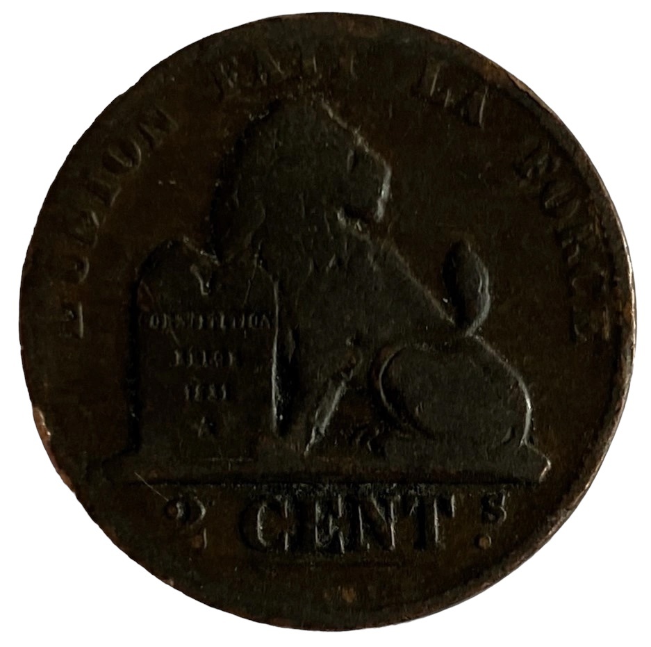 Иностранная монета Бельгия 2 цента сантима 1865 год Леопольд 1