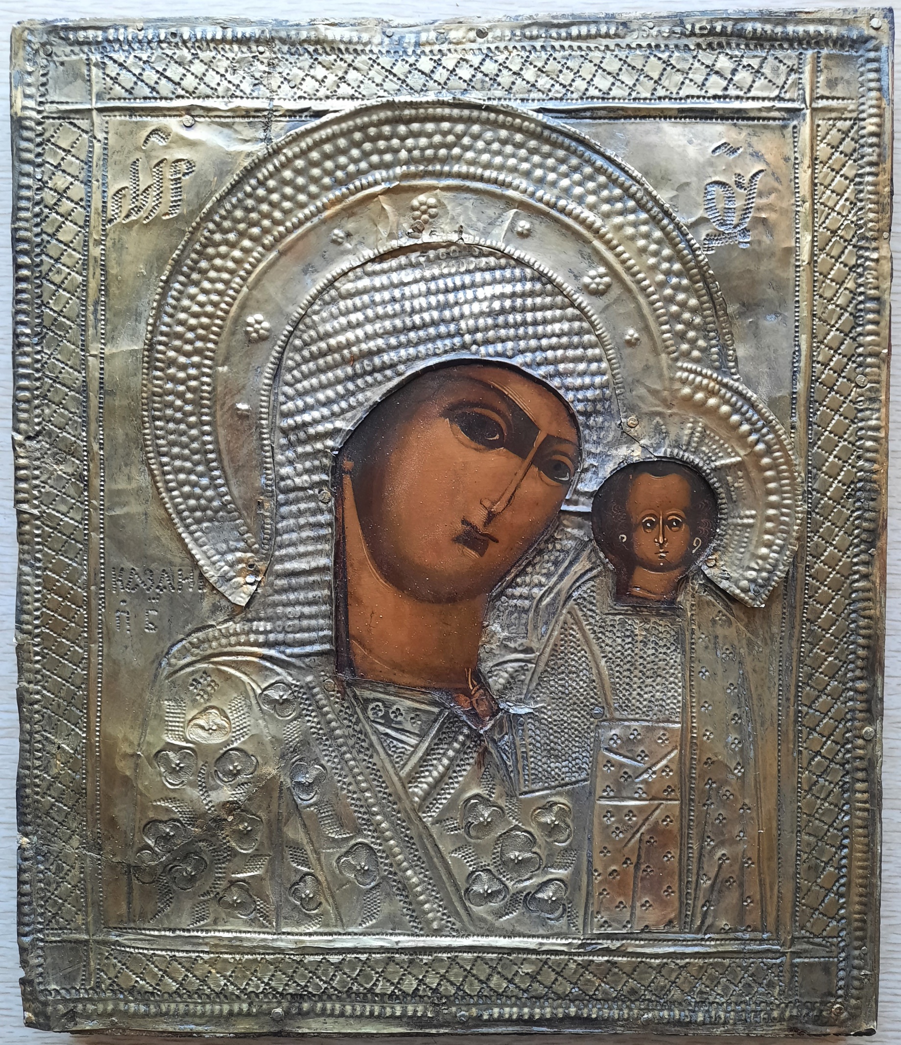Антикварная Старинная Икона Казанская Пресвятая Богородица в окладе 19 век