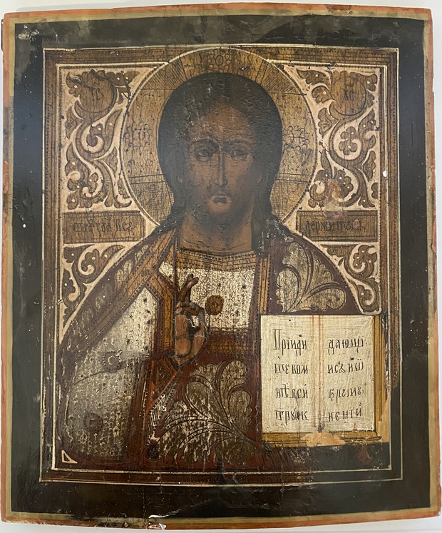 Старинная икона Иисус Христос Господь Вседержитель классический Холуй 19 век