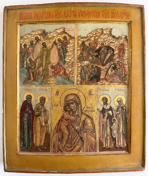 Икона старинная пятичастная 17 век двойной ковчег избранные святые