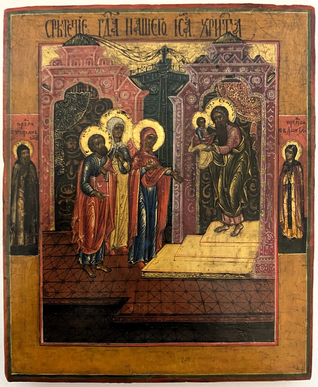 Старинная икона Сретение Господне Палех первая половина 19 век