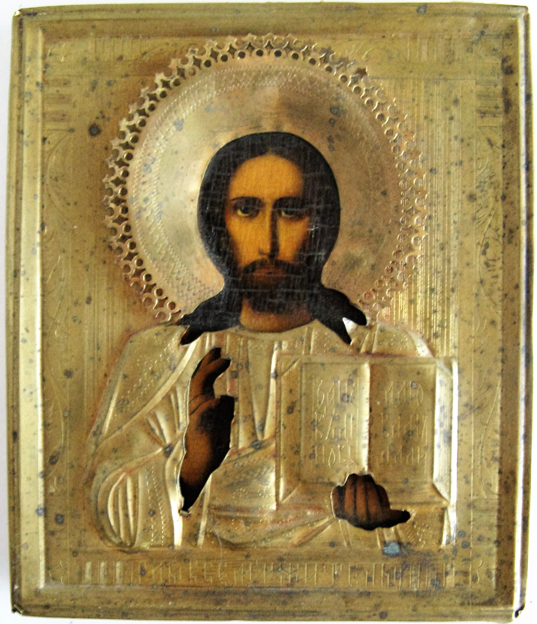Антикварная Икона Иисус Христос Господь Вседержитель оклад штихель Штихельный оклад 19 век