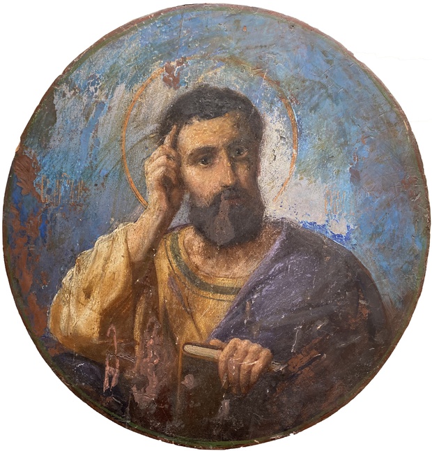 Антикварная Старинная Икона Святой Апостол Лука покровитель врачей 19 век Тондо