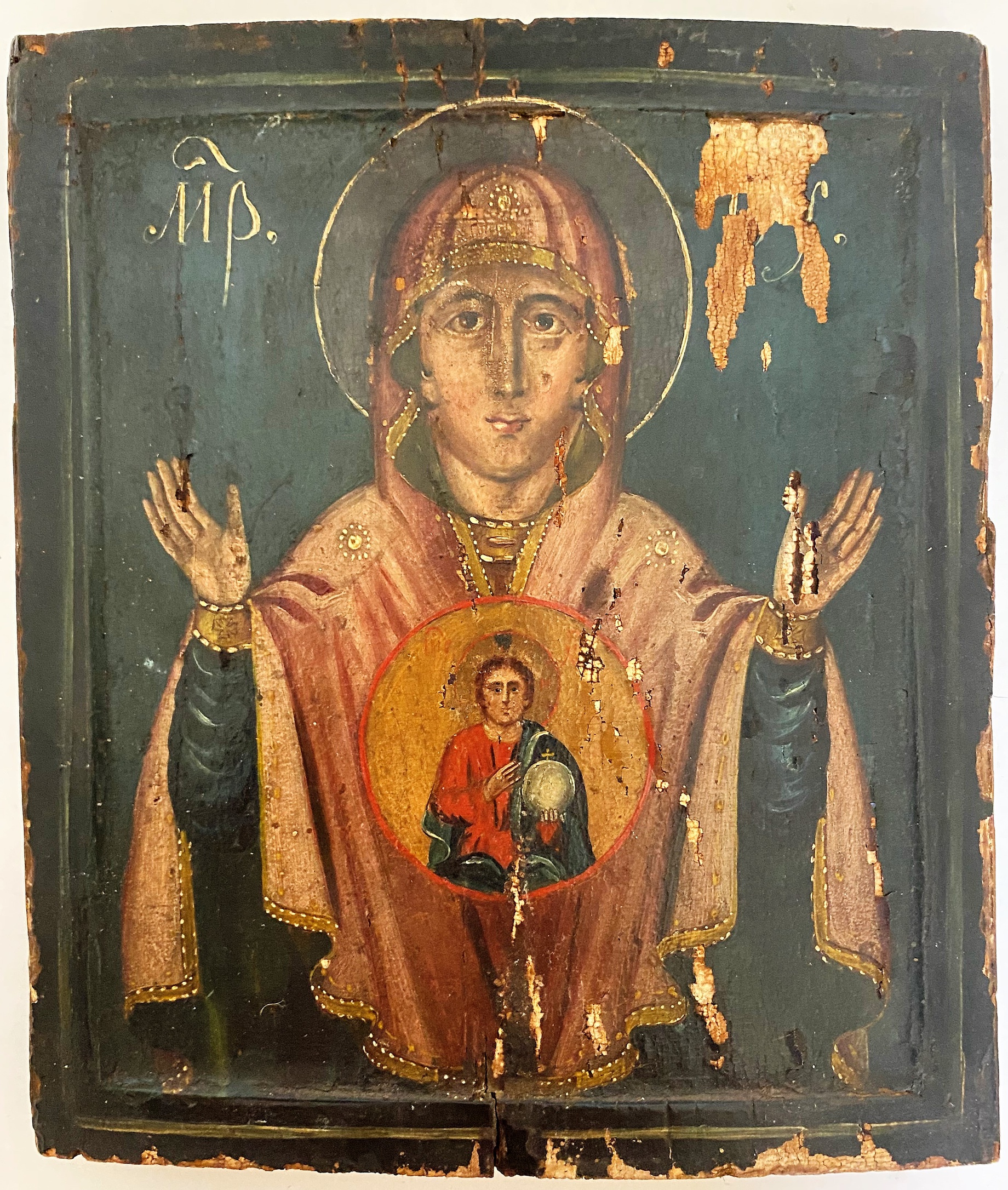 Икона знамение Оранта Русский Север 18 век глубокий ковчег