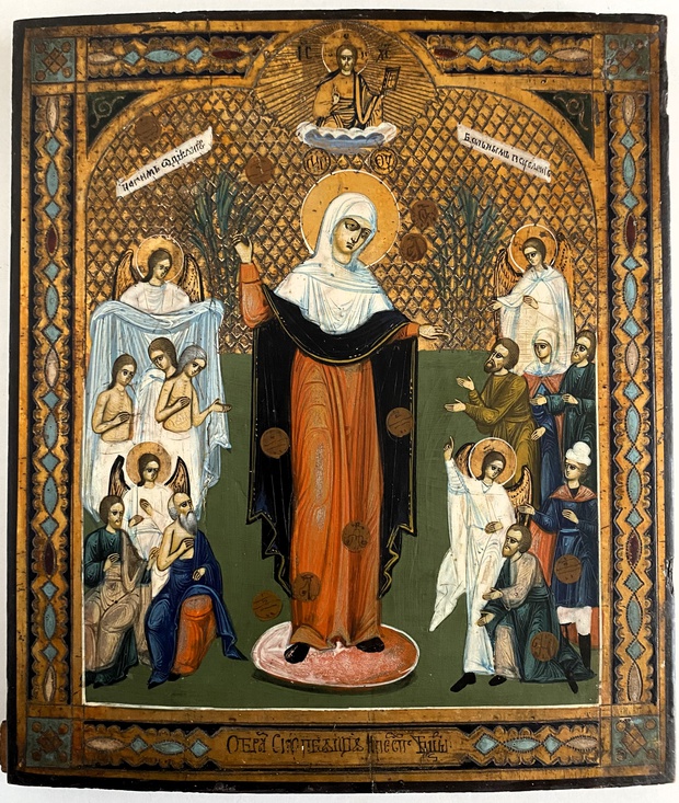 Старинная антикварная икона Богородица Всем Скорбящим с грошиками 19 век