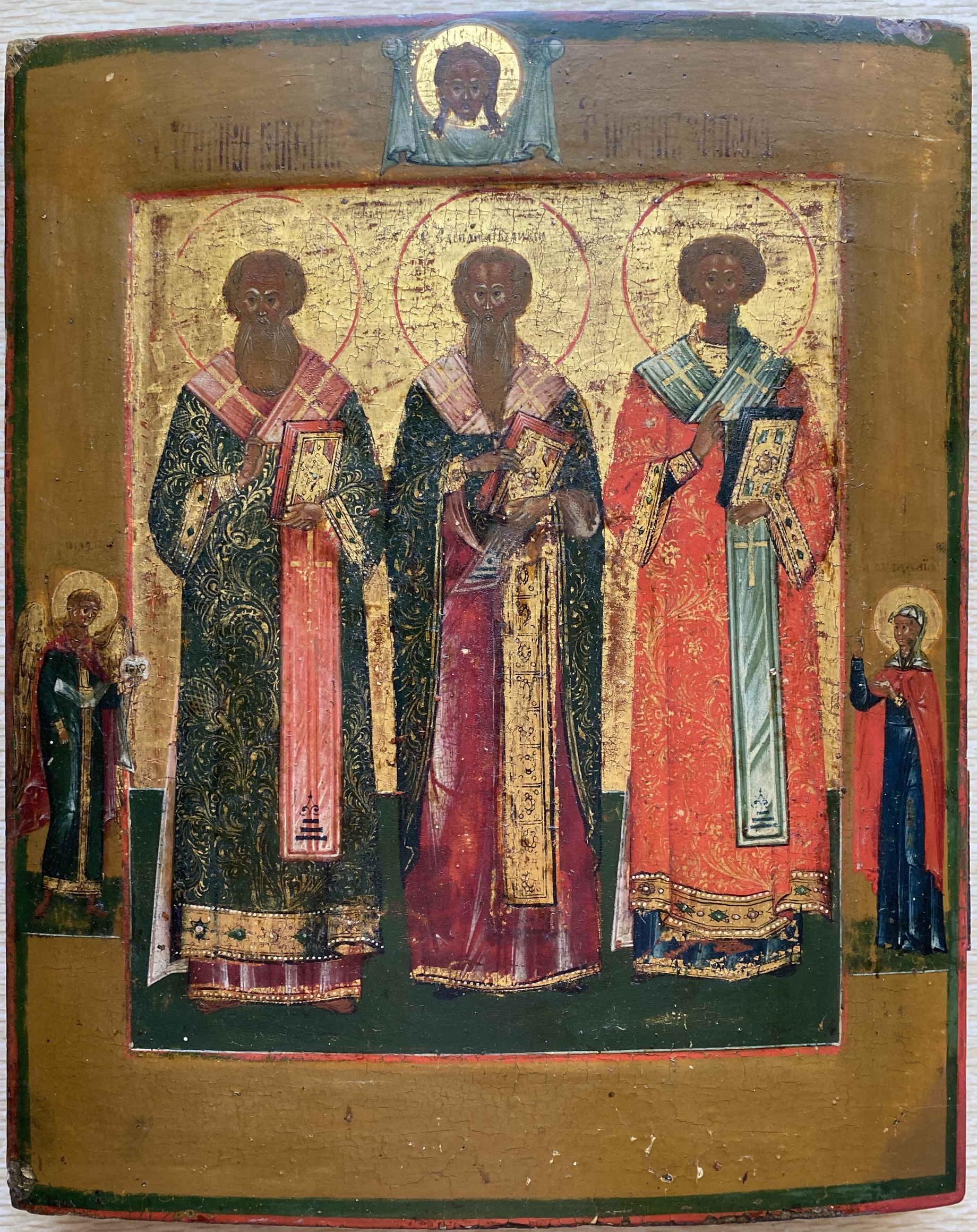 Антикварная икона Вселенские Учителя Церкви Василий Григорий Иоанн ковчег 19 век