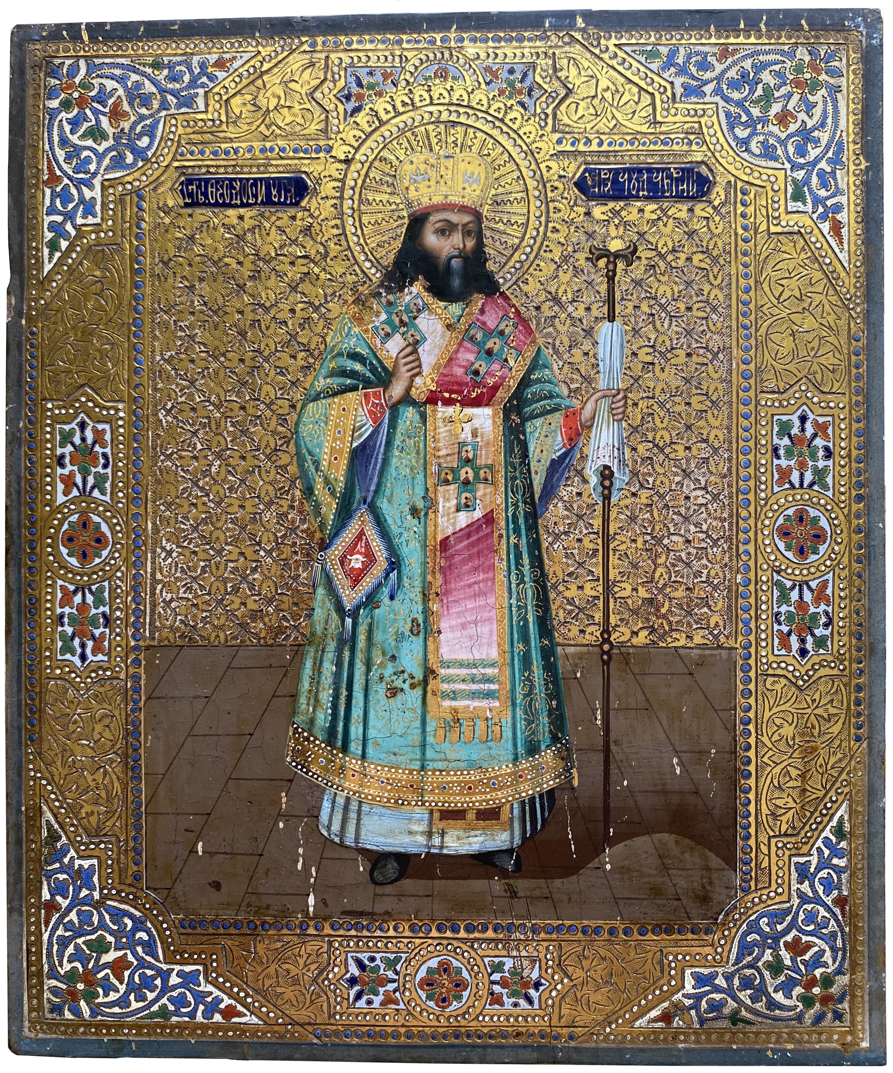 Антикварная старинная икона Святой Феодосий Углицкий Архиепископ Черниговский 19 век Сусалка