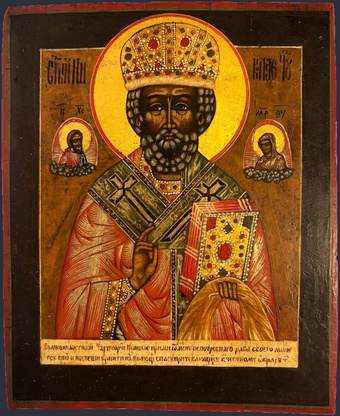 Антикварная икона Святой Николай Чудотворец зимний 19 век