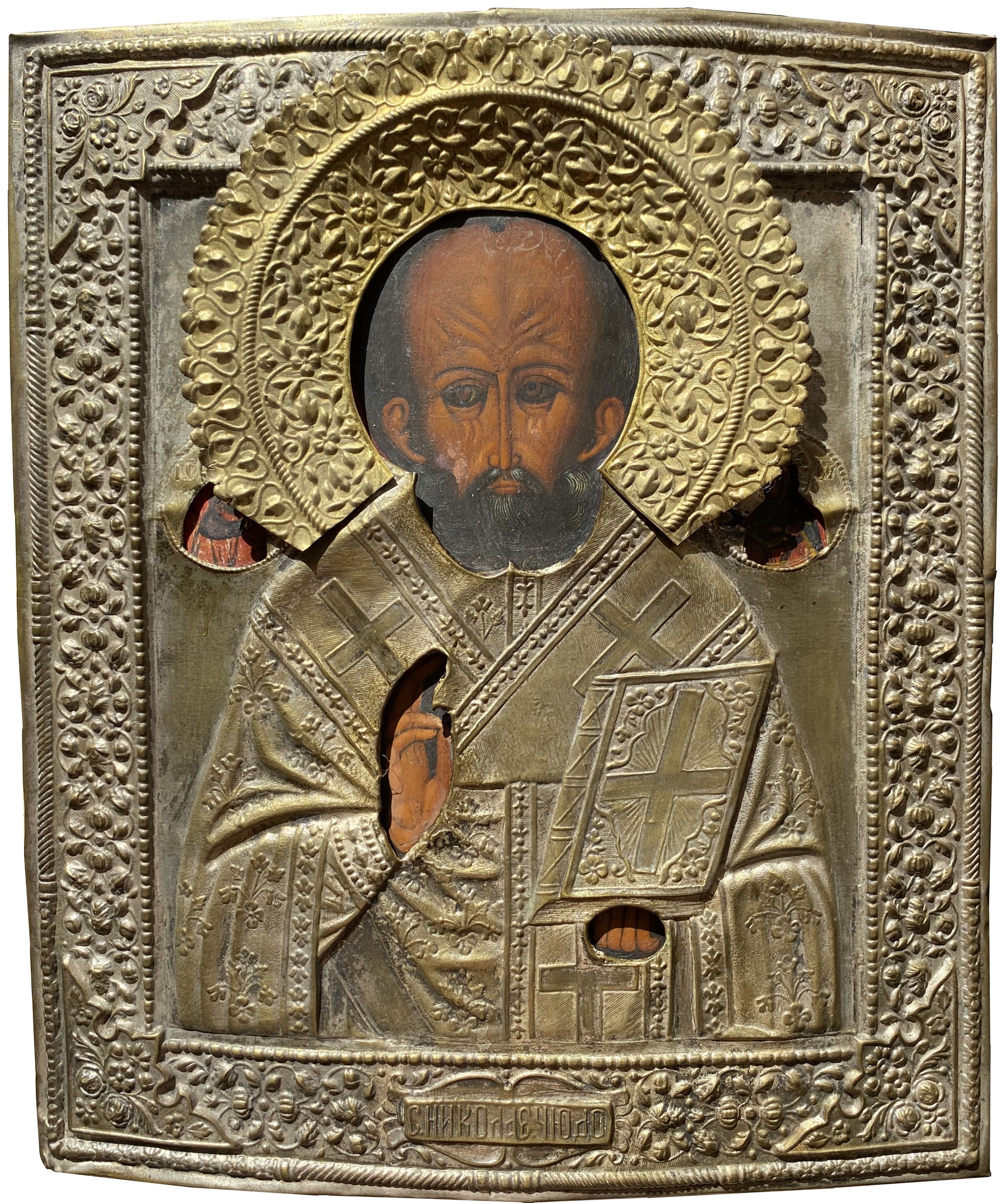 Икона Николай Чудотворец 19 век в латунном кованом окладе аналой