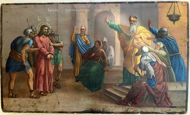 Икона старинная Иисус Христос на суде каифы редкий сюжет 19 век