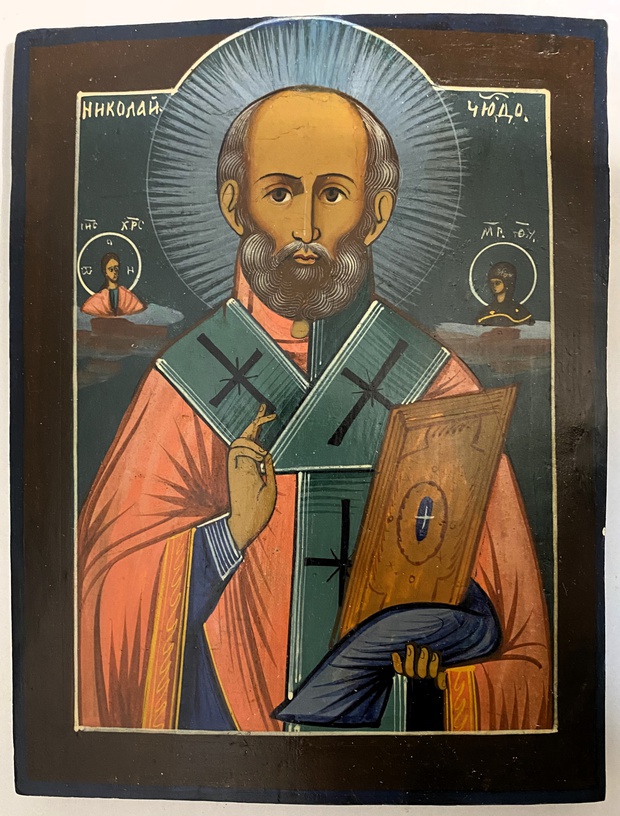 Икона святой Николай на голубом фоне 19 век